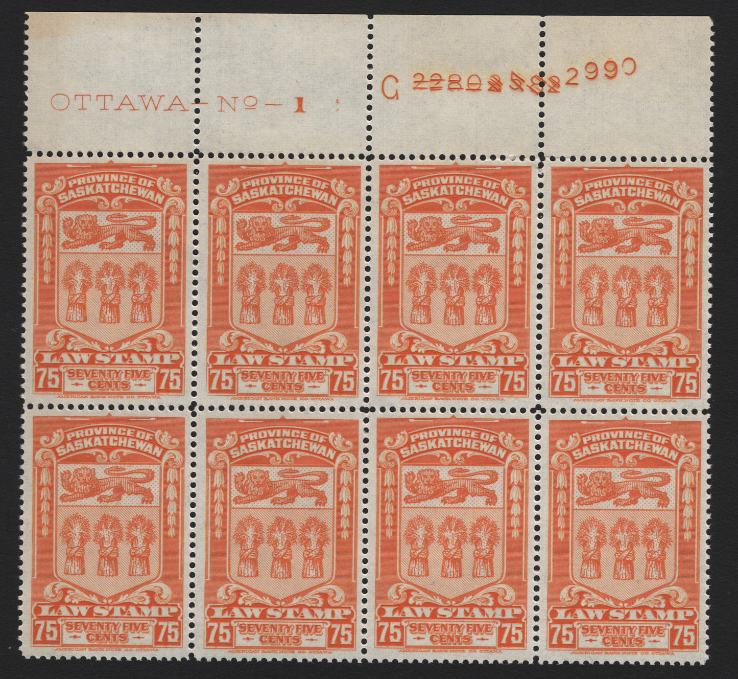 Lot 56 Canada - Saskatchewan Van Dam#SL50 75c Orange, 1938 Law Issue, A VFNH Block Of 8, Plate 1, Smooth Paper