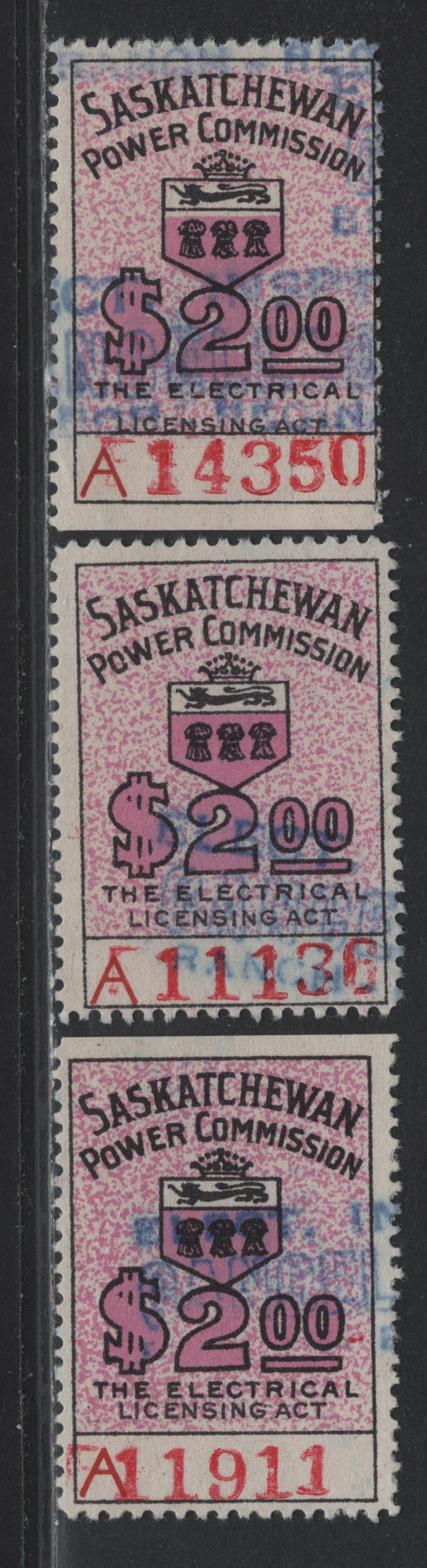 Lot 57 Canada - Saskatchewan (C) Van Dam#SE25a $2 Violet, 1937-1947 Saskatchewan Power Commission Issue, 3 Fine Used Singles, 4mm Control Numbers & Spacing Variations Between "The Electrical" & "Licensing Act", 1/2mm, 3/4mm & 1.5mm Spacing