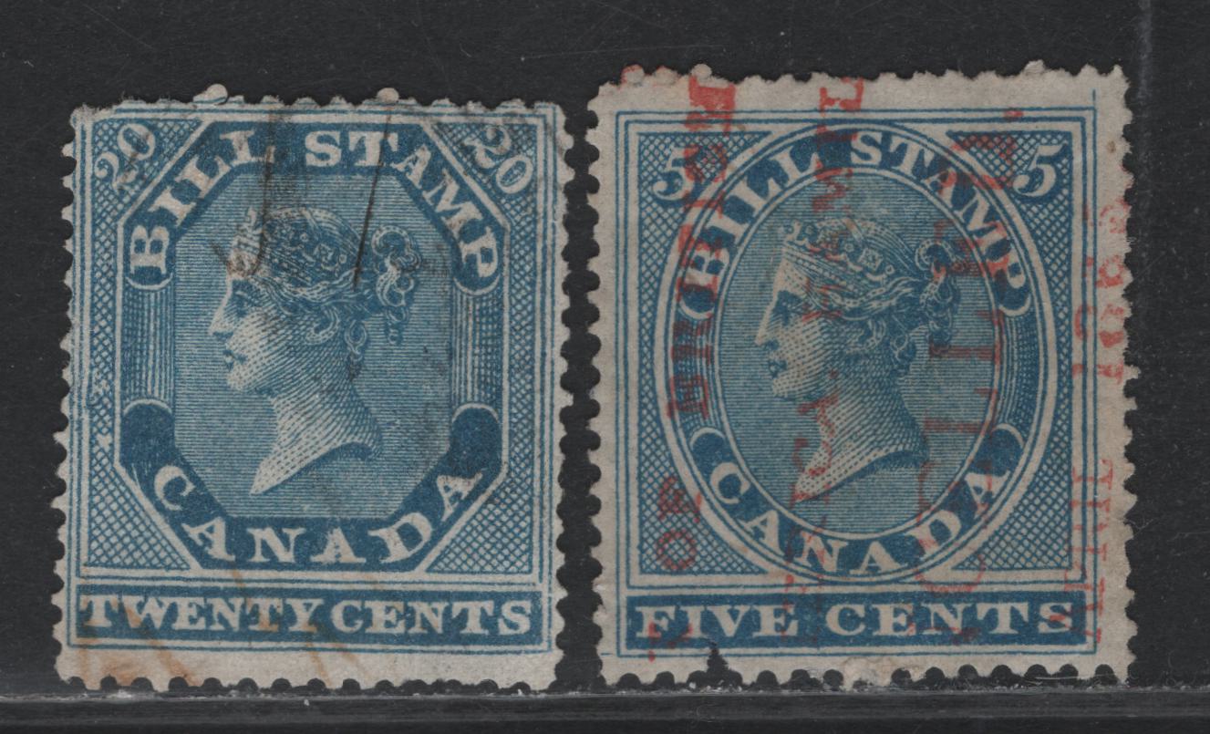 Lot 59 Canada Van Dam#FB5, FB11 5c - 20c Blue, 1864 First Bill Issue, 2 Very Good Used Singles, Pulled Perf On 5c, Round Corner On 20c