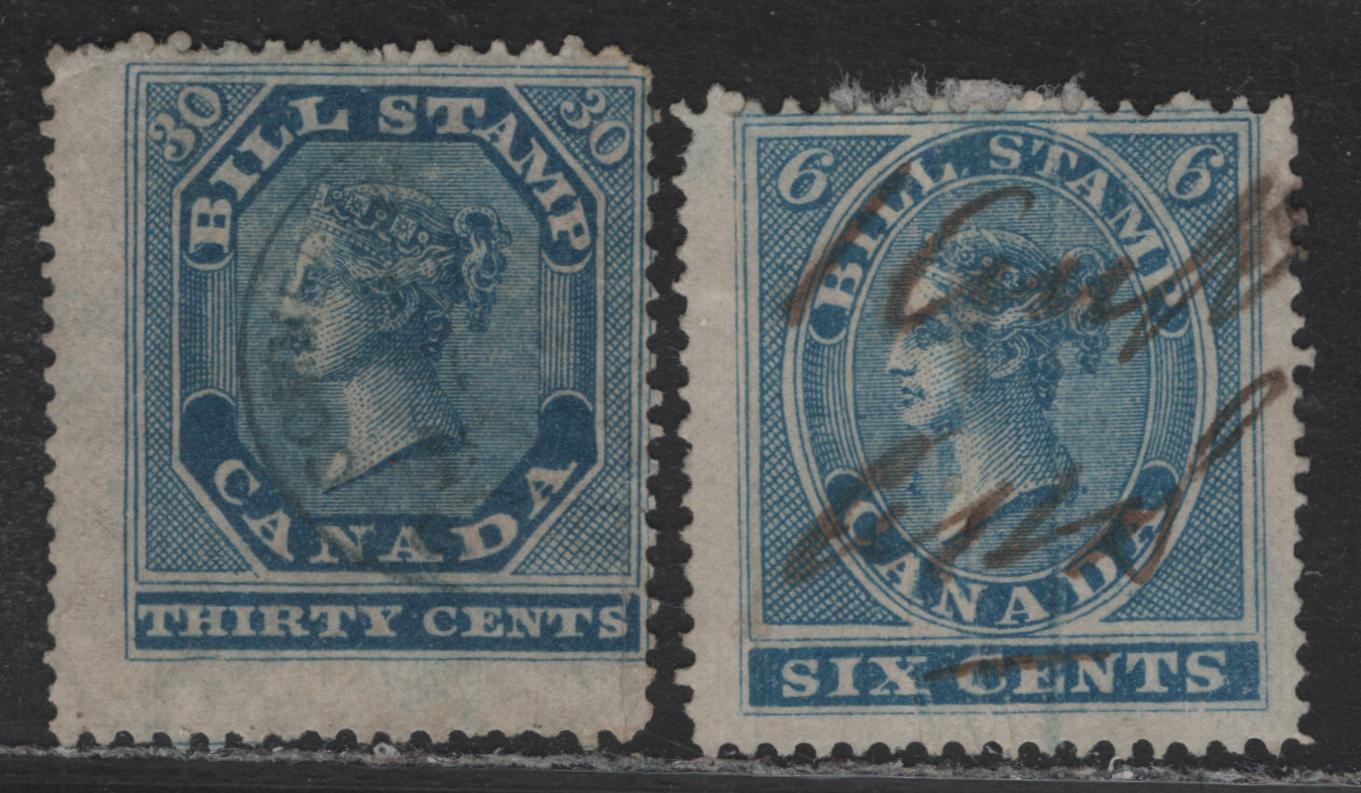 Lot 60 Canada Van Dam#FB6, FB12 6c - 30c Blue, 1864 First Bill Issue, 2 Very Good/Fine Used Singles, Perf 12.5x13.5, Natural Pre-Print Paper Wrinkles On 6c
