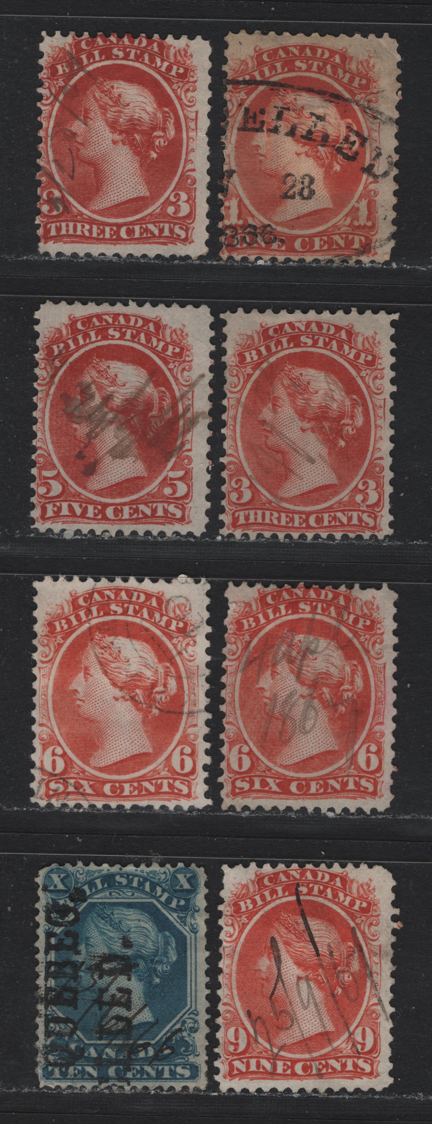 Lot 63 Canada Van Dam#FB18, FB20, FB22-23, FB26-27 1c - 10c Red - Blue, 1865 Second Bill Issue, 8 Fine Used Singles, Includes 2 Different Shades/Papers Of 3c & 6c