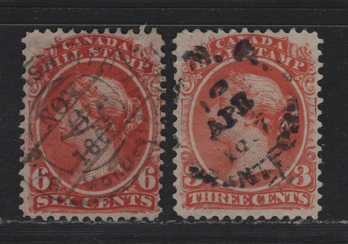 Lot 64 Canada Van Dam#FB20, FB23 3c - 6c Red - Deep Red, 1865 Second Bill Issue, 2 Very Fine Used Singles