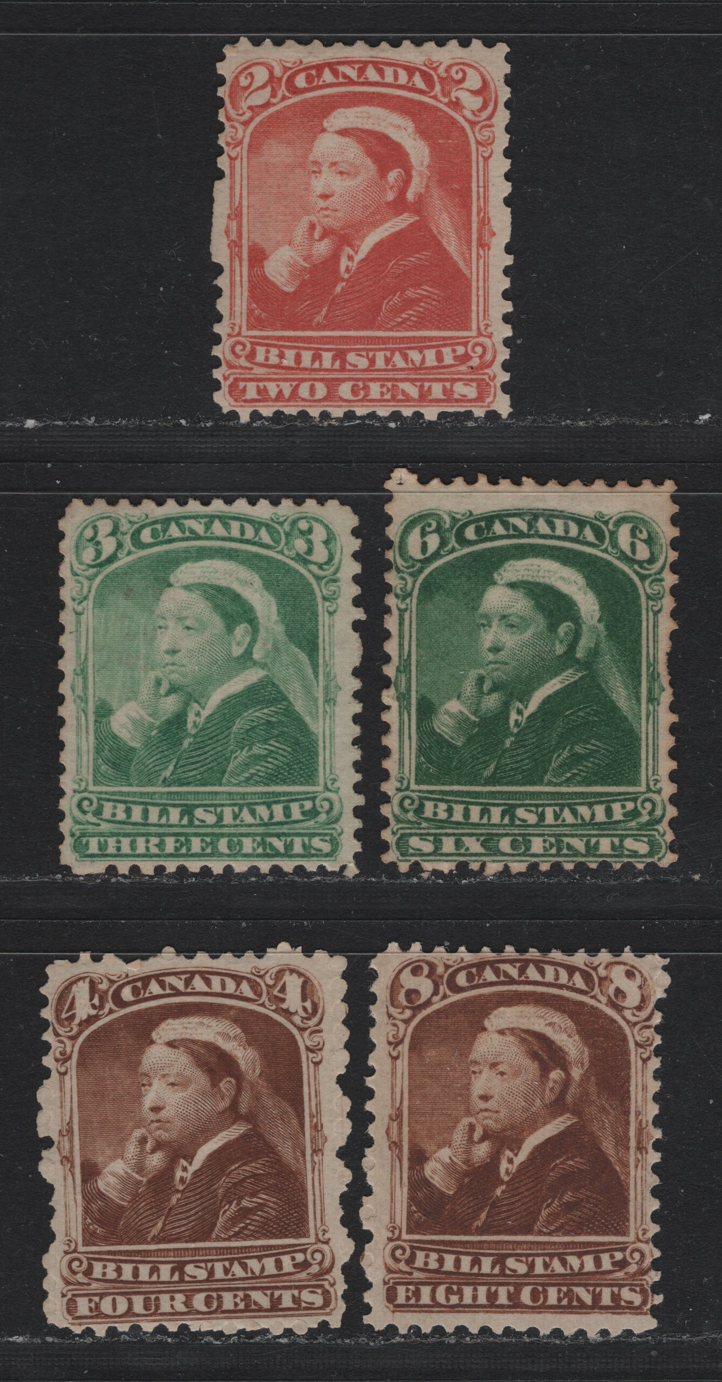 Lot 65 Canada Van Dam#FB39-41, FB43, FB45 2c - 8c Orange - Brown, 1868 Third Bill Issue, 5 F/VFOG Singles, All Perf 12 On Thick Horizontal Wove Paper, Small Tiny Tear On 4c Through C of Canada