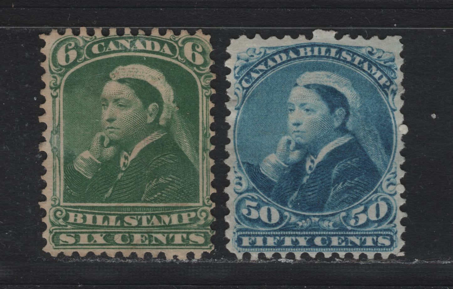 Lot 66 Canada Van Dam#FB43, FB47 6c - 10c Green - Blue, 1868 Third Bill Issue, 2 Fine/Very Fine Unused Singles, Soft Horizontal Wove Papers, Perfs 12 & 11.75x12