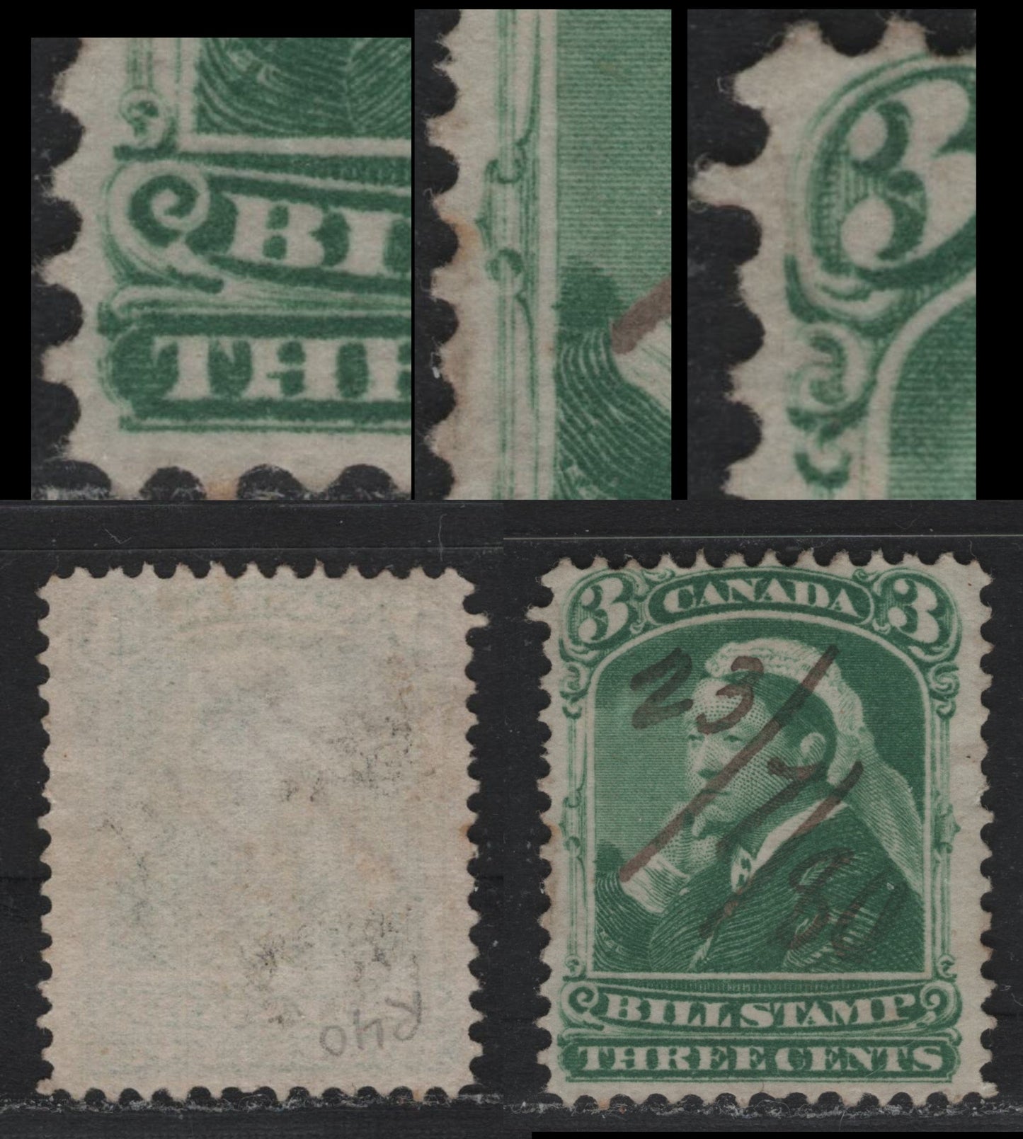 Lot 71 Canada Van Dam#FB40a 3c Green, 1868 Third Bill Issue, A Fine Used Single, Perf 12, Stout Horizontal Wove Paper, Showing Major Re-Entry, Entire Left Framelines & Scrolls Doubled, Listed But Unpriced In Van Dam.