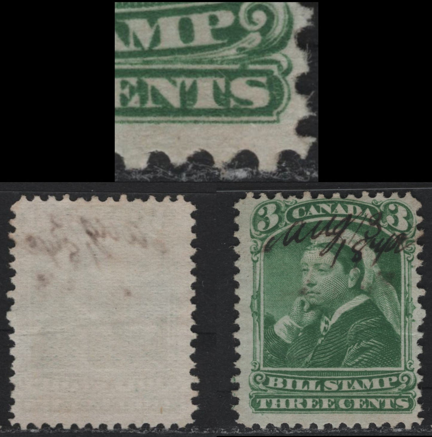 Lot 72 Canada Van Dam#FB40 3c Green, 1868 Third Bill Issue, A Fine Used Single, Perf 12, Thin Paper, Showing Frame Break Above S Of Cents.