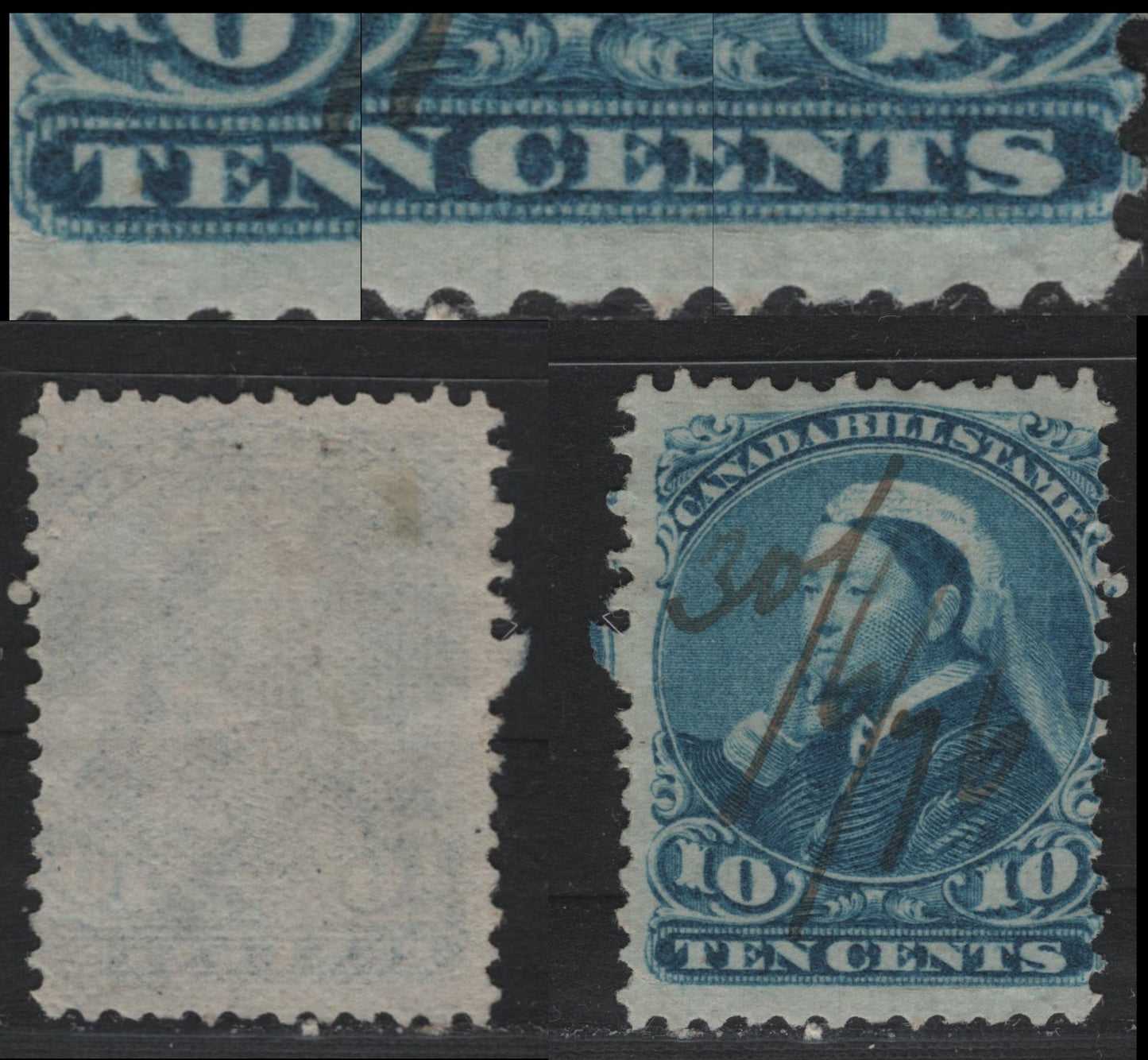Lot 75 Canada Van Dam#FB47var 10c Blue, 1868 Third Bill Issue, A Fine Used Single, Perf 11.75x12, Thin Horizontal Wove Paper, Re-Entry Of Entire Bottom Frameline.