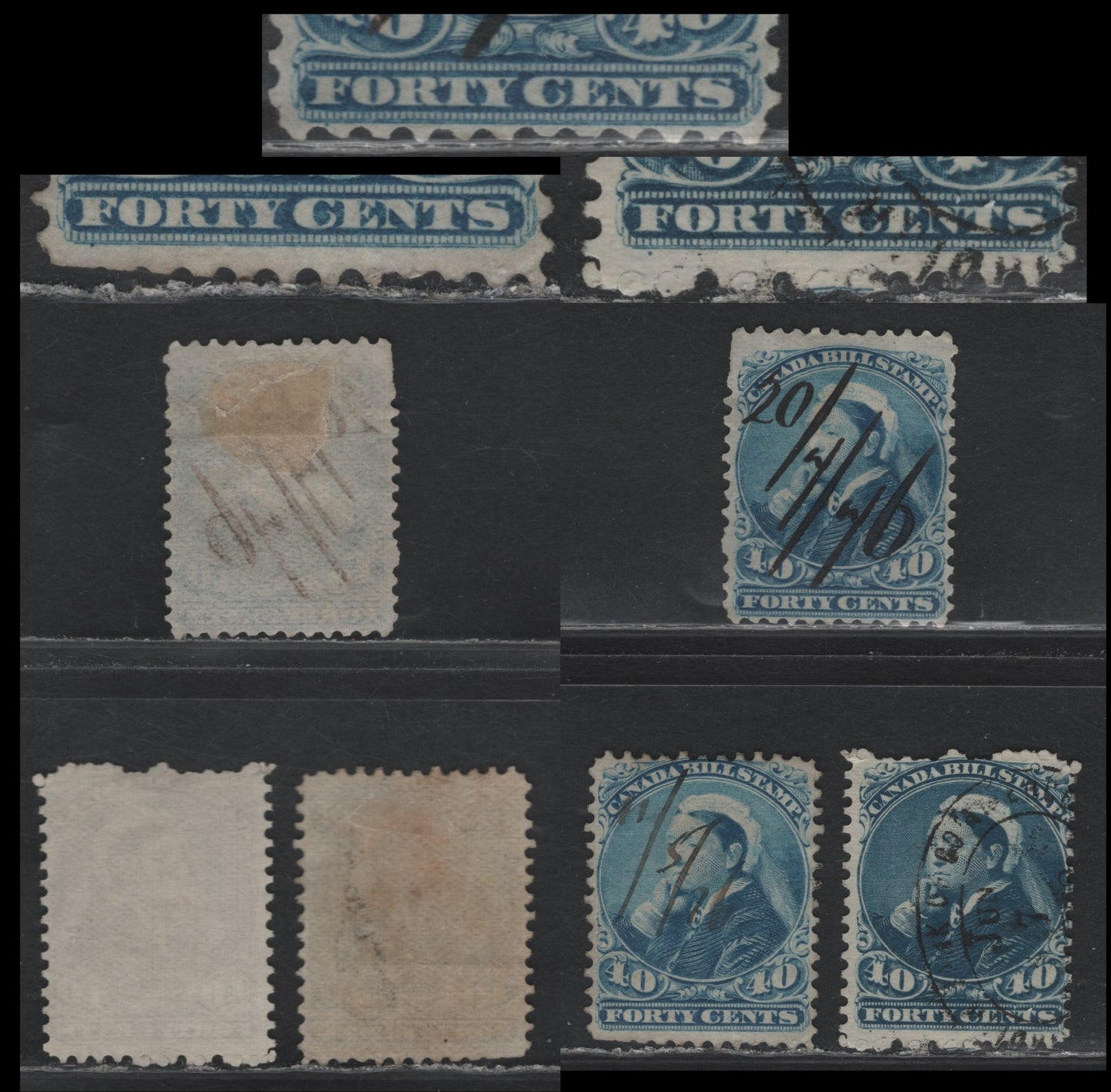 Lot 79 Canada Van Dam#FB50var 40c Light Blue - Deeper Blue, 1868 Third Bill Issue, 3 Very Good Used Singles, Perf 11.75x12 & 12, Stout & Thin Horizontal Wove Papers, Showing Doubling of the Outer Frameline Under & To The Right Of 'Forty Cents'.