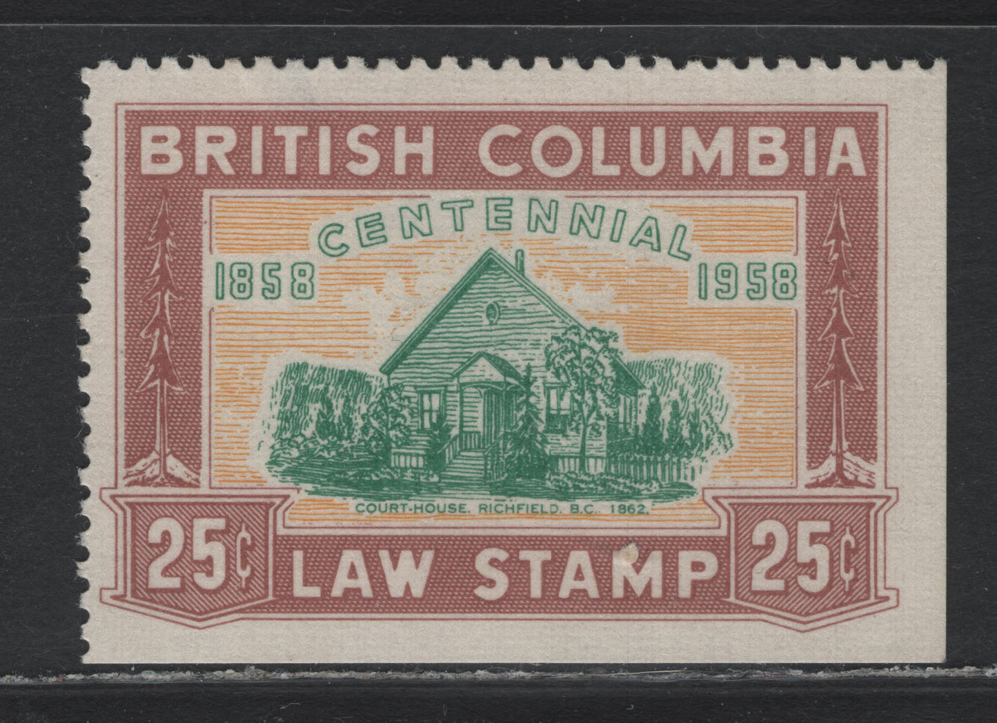 Lot 8 Canada - BC (C) Van Dam#BCL47 25c Red Brown, Orange & Green, 1958 Centennial Issue, A VGOG Single, Shallow Hinge Thin, Province Of British Columbia