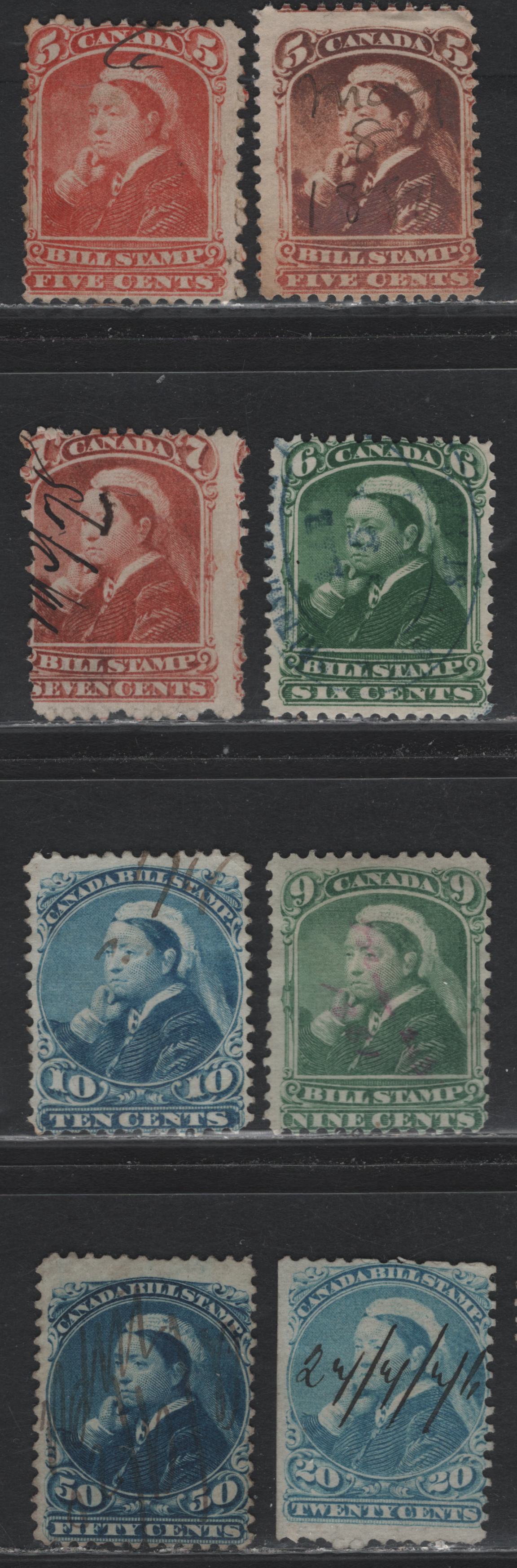 Lot 83 Canada Van Dam#FB42-44, FB46-48, FB51 5c - 50c Orange - Dark Blue, 1868 Third Bill Issue, 8 Very Good Used Singles, Perf 12, Stout & Softer Horizontal Wove Papers