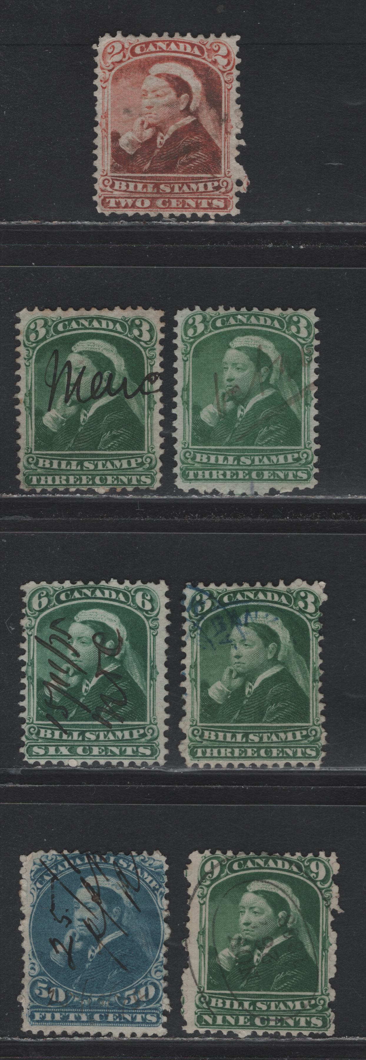 Lot 85A Canada Van Dam#FB39-40, FB43, FB46, FB51 2c - 50c Orange Vermillion - Blue, 1868 Third Bill Issue, 7 Fine/Very Fine Used Singles, Perf 12, Thin Paper, Some Shade Variations.