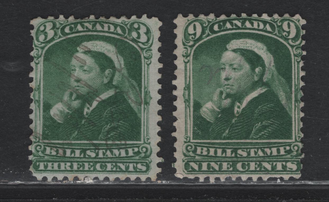 Lot 87 Canada Van Dam#FB43, FB46 3c - 2c Green, 1868 Third Bill Issue, 2 Fine Used Singles, Perf 11.75x12, Thin Paper