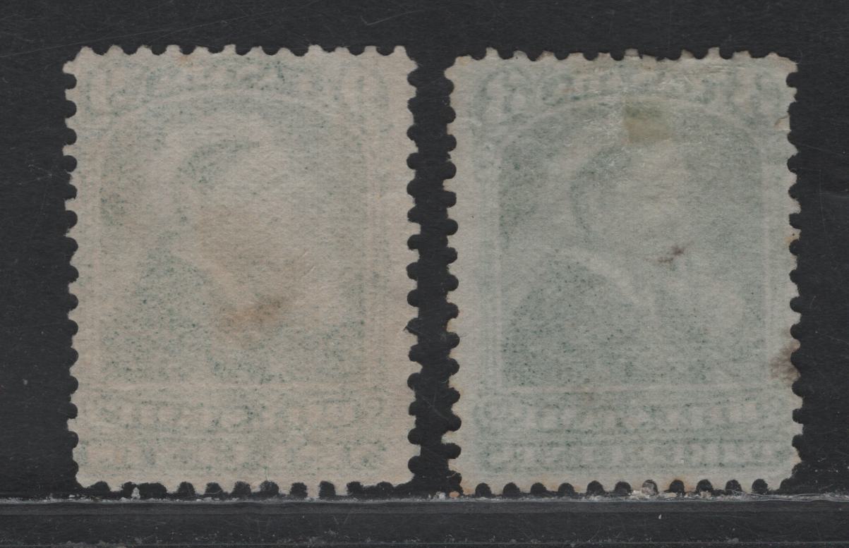 Lot 87 Canada Van Dam#FB43, FB46 3c - 2c Green, 1868 Third Bill Issue, 2 Fine Used Singles, Perf 11.75x12, Thin Paper