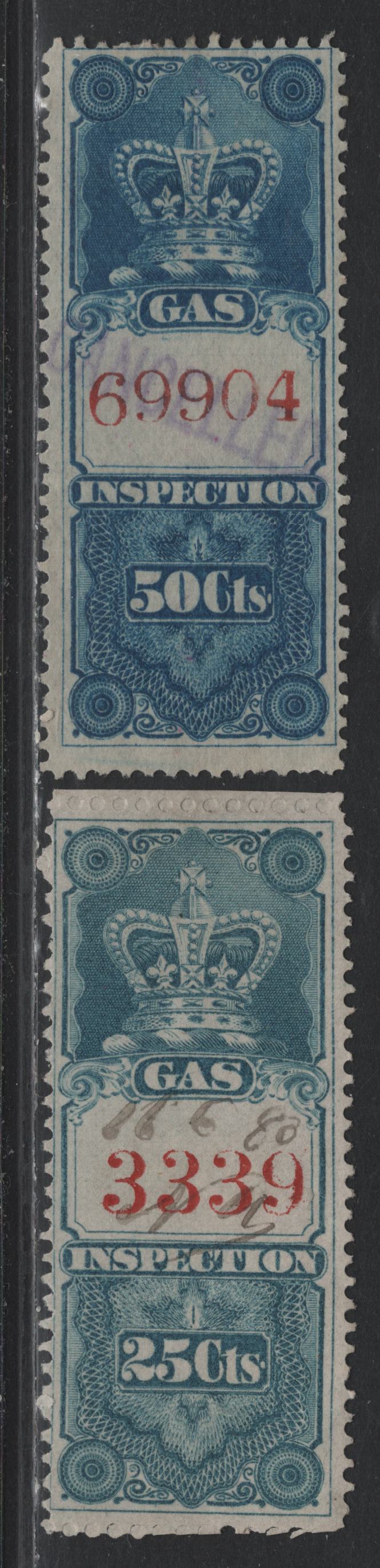 Lot 90 Canada Van Dam#FG1, FG8 25c - 50c Dull Blue - Blue, 1875 Gas Inspection Issue, 2 Very Good/Fine Used Singles, 4.5mm Red Control Numbers, 50c Has A Horizontal Crease