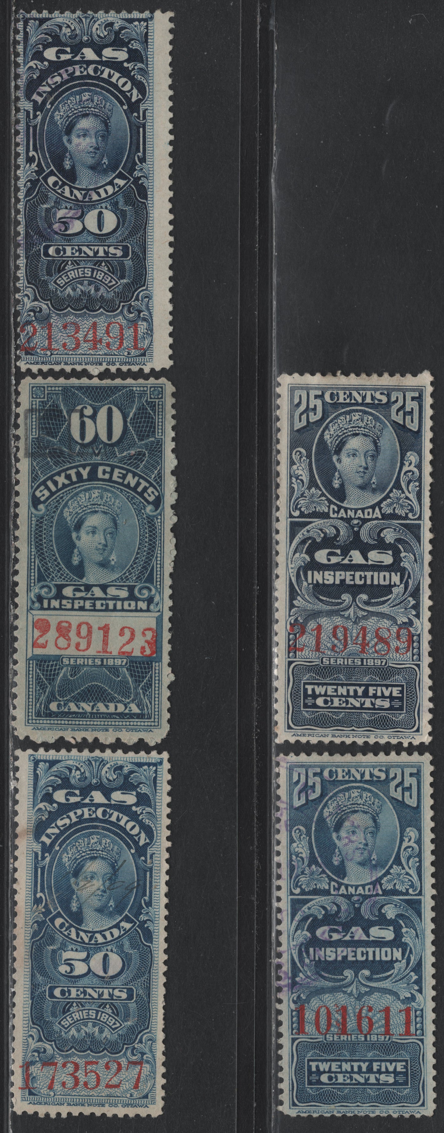Lot 91 Canada Van Dam#FG18-FG20 25c - 60c Blue - Blue & Dark Blue, 1897 Gas Inspection Issue, 5 Fine/Very Fine Used Singles, Red Control Numbers