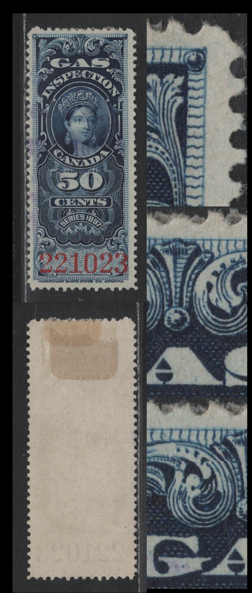 Lot 92 Canada Van Dam#FG19var 50c Dark Blue, 1897 Gas Inspection Issue, A Very Fine Used Single, Red Control Number, Showing Extensive Re-Entries, Doubling Of Shading In Both Upper Scrolls & In Upper Frameline