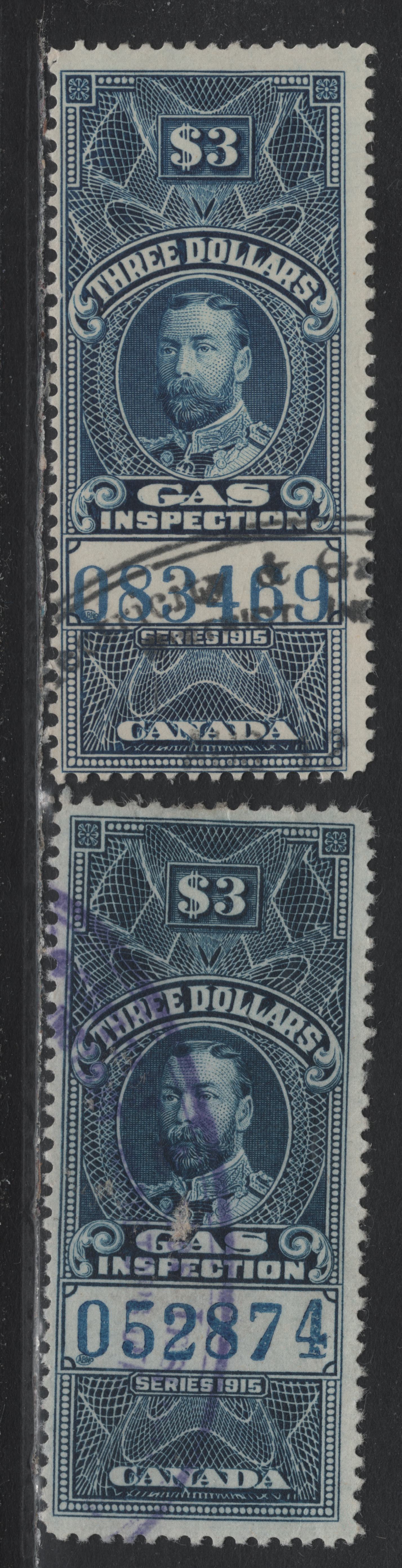 Lot 95 Canada Van Dam#FG31,a $3 Blue, 1915 KGV Gas Inspection Issue, 2 Fine Used Singles, Blue Control Numbers, Dry & Wet Printings
