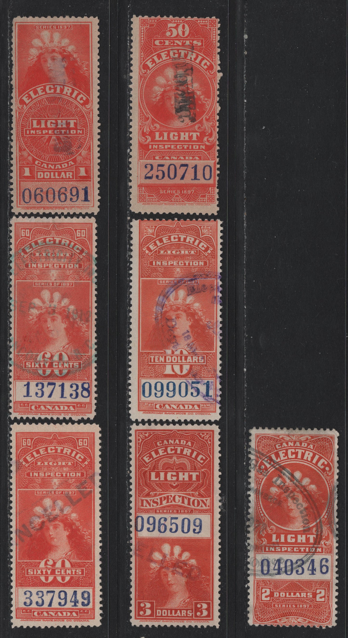 Lot 99 Canada Van Dam#FE10-11, FE13a, FE14a, FE15a, FE17 50c - $10 Vermillion, 1900 Electric Light Inspection Issue, 7 Very Good/Fine/Very Fine Used Singles, Includes Both Blue & Purple Control Numbers, Two Distinct Shades Of The 60c