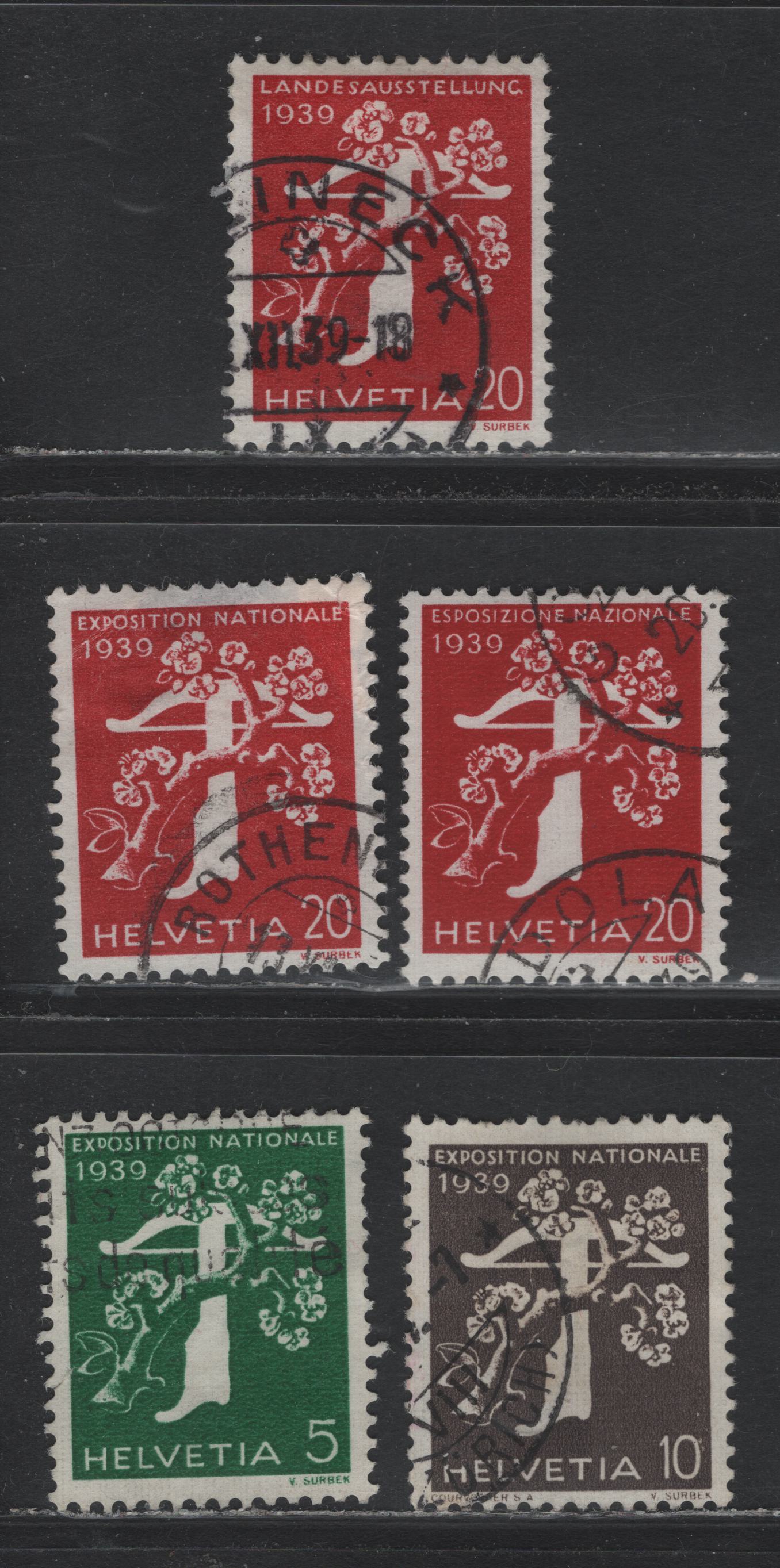 Lot 100 Switzerland Scott#256a-258a, 262a, 266a 5c - 20c Deep Green - Carmine , 1939 National Exposition Issue, 5 Fine/Very Fine Used Singles, Grilled Gum
