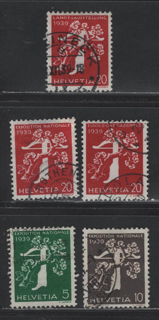 Lot 100 Switzerland Scott#256a-258a, 262a, 266a 5c - 20c Deep Green - Carmine , 1939 National Exposition Issue, 5 Fine/Very Fine Used Singles, Grilled Gum
