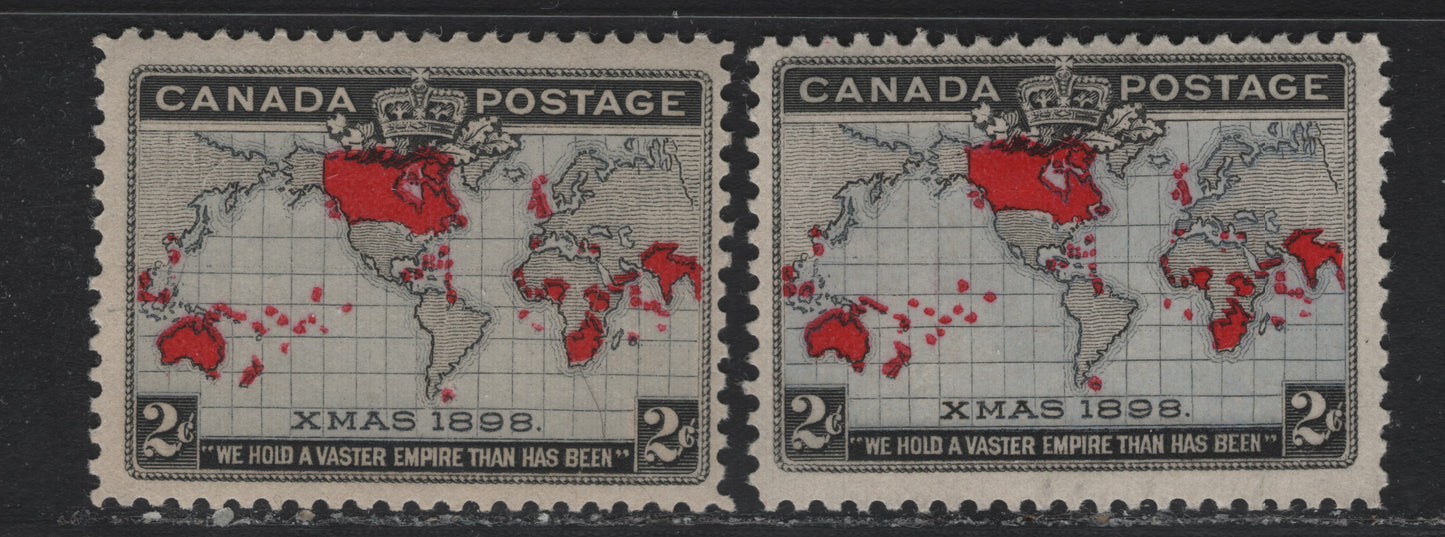 Lot 10 Canada (C) #85,i 2c Black, Aniline Red & Lavender/Lavender Gray , 1898 Imperial Penny Postage Issue, 2 FOG Singles, ABN-Y Paper, Perfs 12 & 12x11.9, With & Without Extra Territories In North Africa.