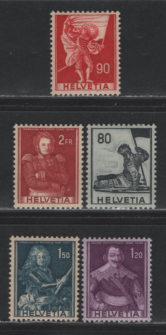 Lot 101 Switzerland Scott#273, 274a, 276a, 277, 278a 80c - 2fr Black on pale Gray - Maroon on Buff , 1941-1959 Definitives, 5 VFOG Singles