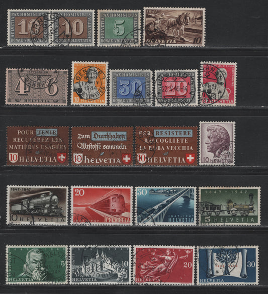Lot 102 Switzerland Scott#279, 281-283, 287, 290-291, 293-296, 306, 308-315 10c - 30c Brown & Buff - Dark Blue & Red , 1941-1948 Nat'l Agriculture Development Plan - Acknowledgement of Swiss Confederation Issues, 20 Very Fine Used Singles