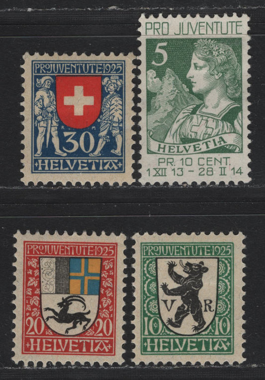 Lot 104 Switzerland Scott#B1, B34-B36 5c - 30c Green - Dark Blue, Red & Black , 1913-1925 Semi Postal Issues, 4 VFOG & Unused Singles, B1 Has No Gum