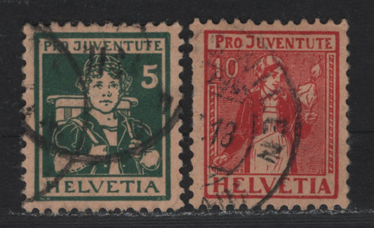 Lot 105 Switzerland Scott#B5, B9 5c - 10c Green on Buff - Red on Buff , 1916-1917 Semi Postal Issues, 2 Fine/Very Fine Used Singles, Short Perfs On B9