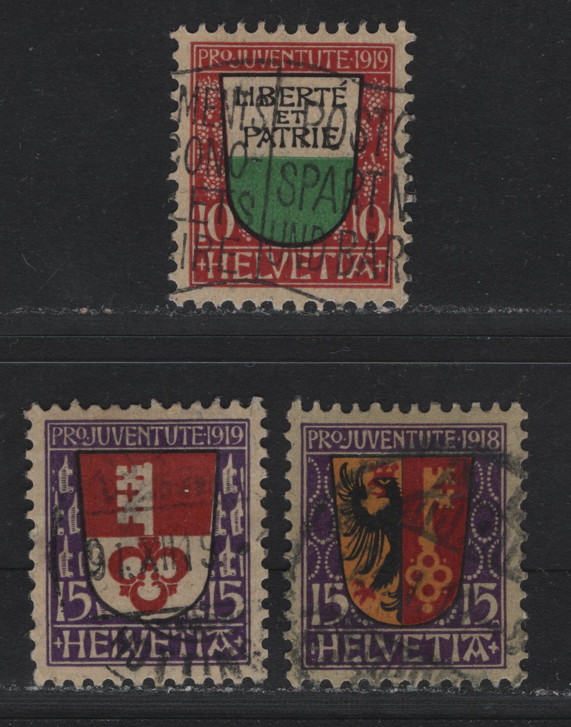 Lot 106 Switzerland Scott#B11, B13-B14 15c Violet, Red, Orange & Black - Purple, Red & Black , 1918-1919 Semi Postal Issues, 3 Very Fine Used Singles