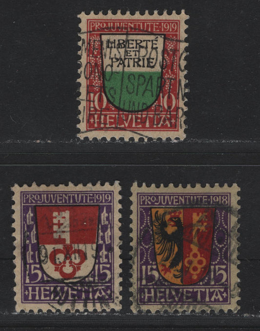 Lot 106 Switzerland Scott#B11, B13-B14 15c Violet, Red, Orange & Black - Purple, Red & Black , 1918-1919 Semi Postal Issues, 3 Very Fine Used Singles