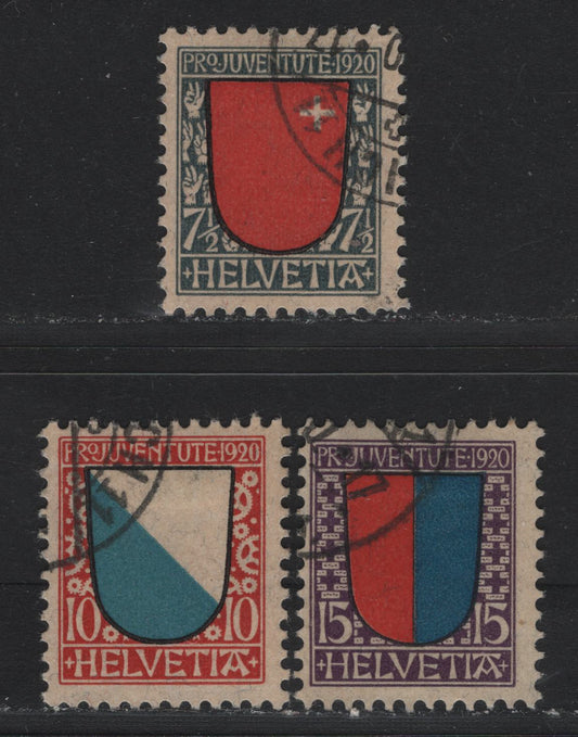 Lot 107 Switzerland Scott#B15-B17 7.5c - 15c Gray & Red - Violet, Red & Blue , 1920 Arms Semi Postal Issue, 3 Fine/Very Fine Used Singles