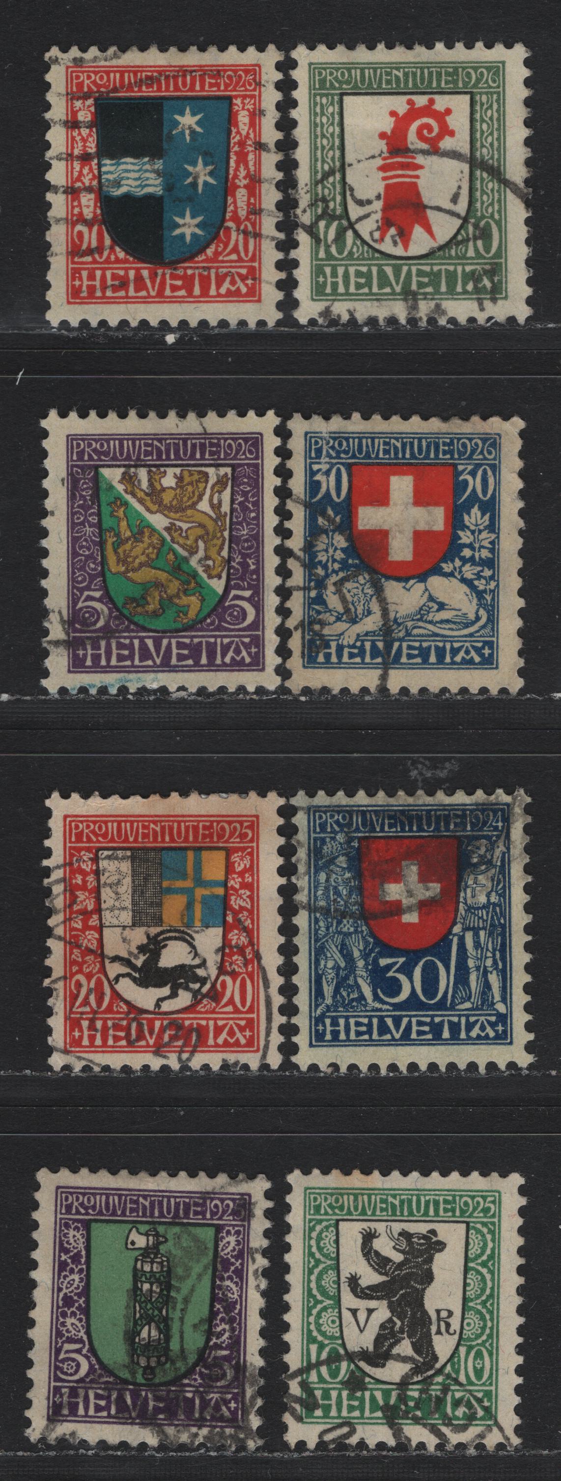 Lot 110 Switzerland Scott#B33-B40 5c - 30c Violet, Green & Black - Dark Blue & Red , 1923-1926 Arms Semi Postal Issue, 8 Fine/Very Fine Used Singles