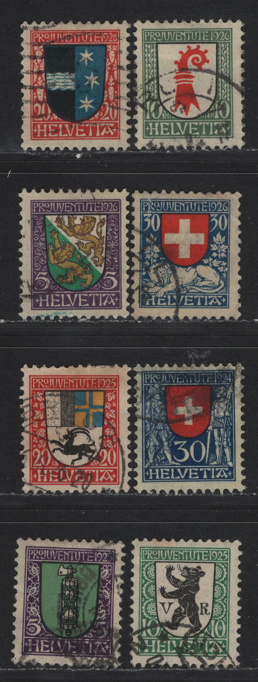 Lot 110 Switzerland Scott#B33-B40 5c - 30c Violet, Green & Black - Dark Blue & Red , 1923-1926 Arms Semi Postal Issue, 8 Fine/Very Fine Used Singles