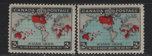 Lot 11 Canada (C) #86, 86b 2c Black, Deep Aniline Red & Pale Blue/Light Prussian Blue , 1898 Imperial Penny Postage Issue, 2 VG/FOG Singles, ABN-X & ABN-AA Papers, Perfs 11.9 & 12x11.9, Small Diagonal Corner Crease In UL Corner Of The Deeper Blue Shade.