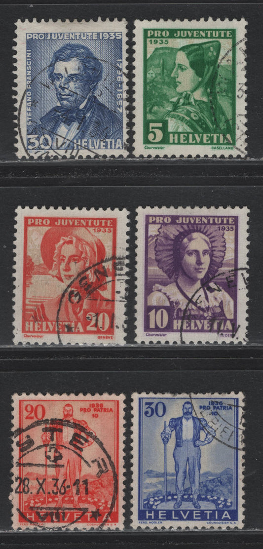 Lot 116 Switzerland Scott#B73-B76, B78-B79 5c - 30c Green - Ultramarine , 1935 Semi Postal Issue, 6 Fine/Very Fine Used Singles