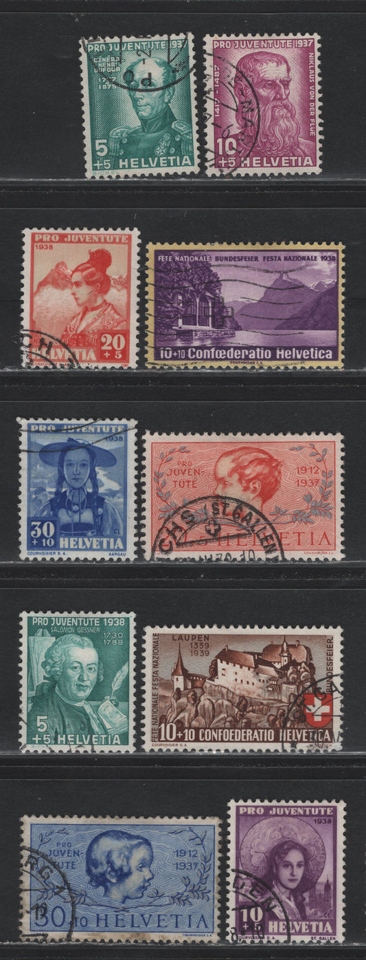 Lot 118 Switzerland Scott#B85-B88, B90-B95 5c+5c - 10c+10c Blue Green - Brown Gray & Red , 1937-1939 Semi Postal Issues, 10 Fine/Very Fine Used Singles, Has Some Toning/Staining