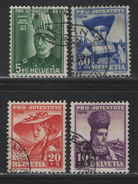 Lot 119 Switzerland Scott#B96-B99 5c+5c - 30c+10c Dark Green - Ultramarine & Buff , 1939 Semi Postal Issue, 4 Very Fine Used Singles