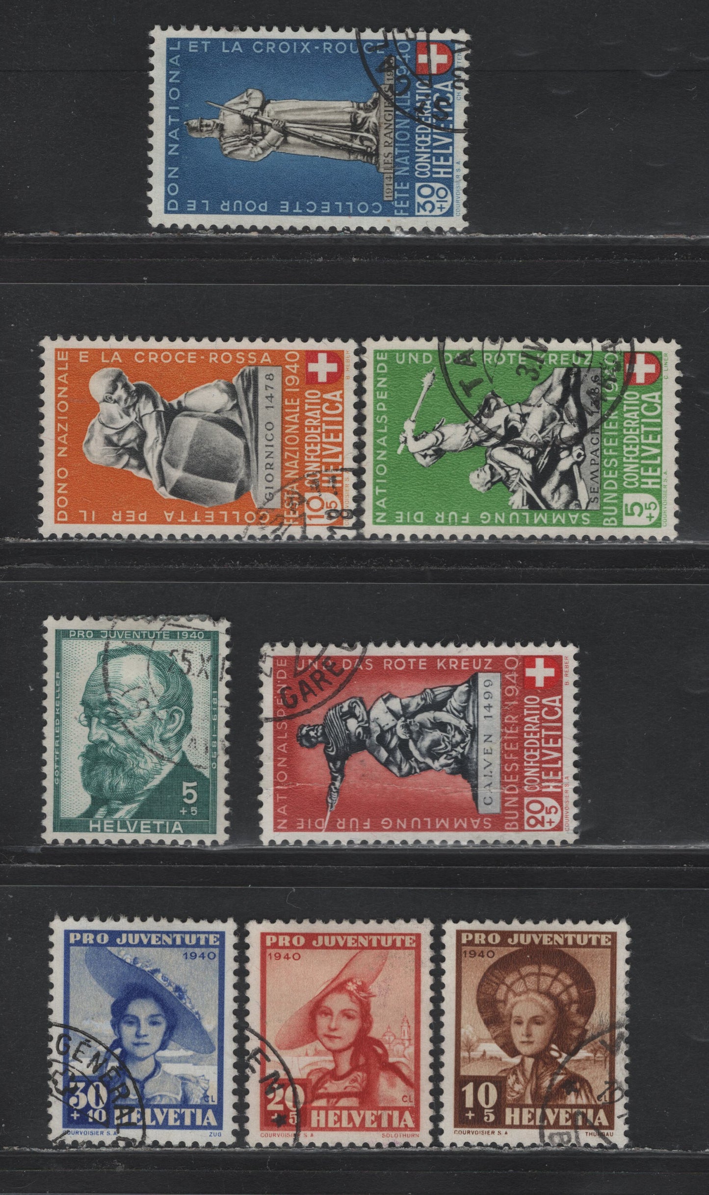 Lot 120 Switzerland Scott#B100-B103, B106-B109 5c+5c - 30c+10c Emerald, Black & Red - Deep Ultramarine & Buff , 1940 National Fete Day - Semi Postal Issues, 8 Very Fine Used Singles, B102 Has A Vertical Crease & Not Counted