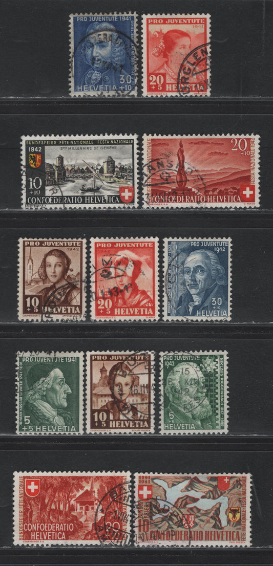 Lot 121 Switzerland Scott#B110-B115, B117-B118, B120-B123 5c+5c - 20c+5c Dark Green - Orange Red , 1941-1942 National Fete Day - Semi Postal Issues, 12 Very Fine Used Singles