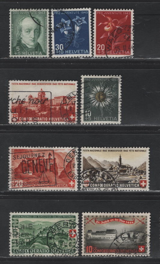 Lot 122 Switzerland Scott#B124-B129, B133-B136 10c+10c - 30c+10c Black Brown, Buff & Dark Red - Bright Ultramarine & Red , 1943-1944 National Fete Day - Semi Postal Issues, 9 Very Fine Used Singles