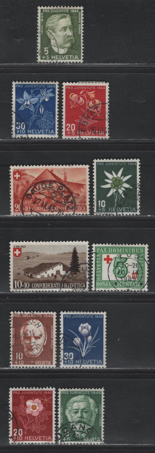 Lot 123 Switzerland Scott#B137-B140, B145-B148, B150-B153 5c+5c - 30c+10c Green - Dark Blue & Gray Lilac , 1944-1945 Semi Postal Issues, 11 Very Fine Used Singles