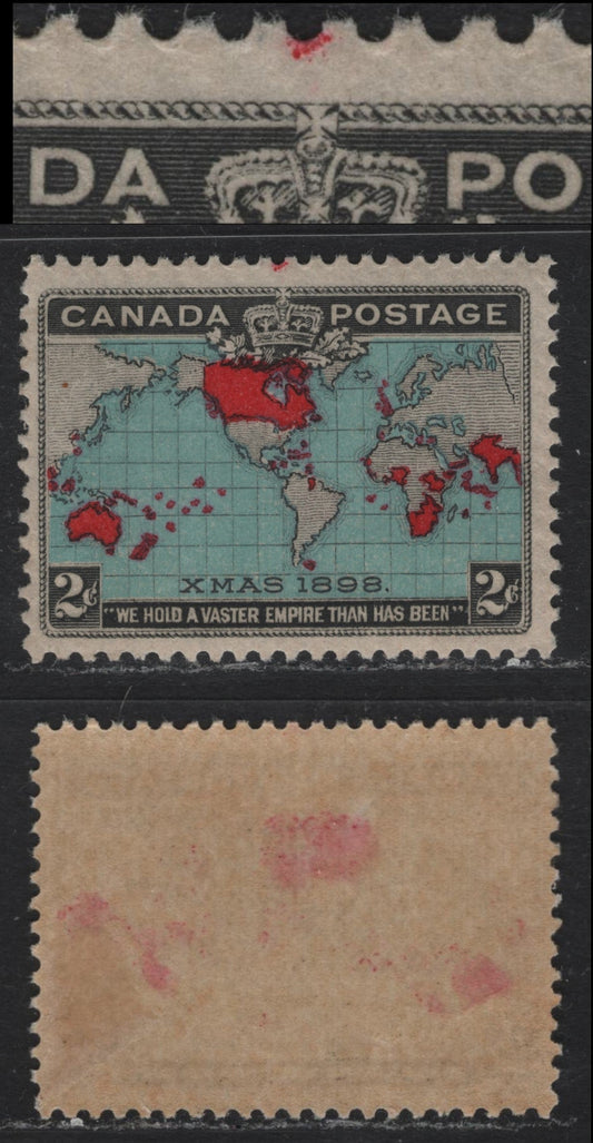 Lot 12 Canada (C) #86b Black, Deep Aniline Red & Pale Prussian Blue , 1898 Imperial Penny Postage Issue, A VFOG Single, ABN-Y Paper, Perf 11.9, Showing Errant Red Spot In Upper Margin Above Crown.