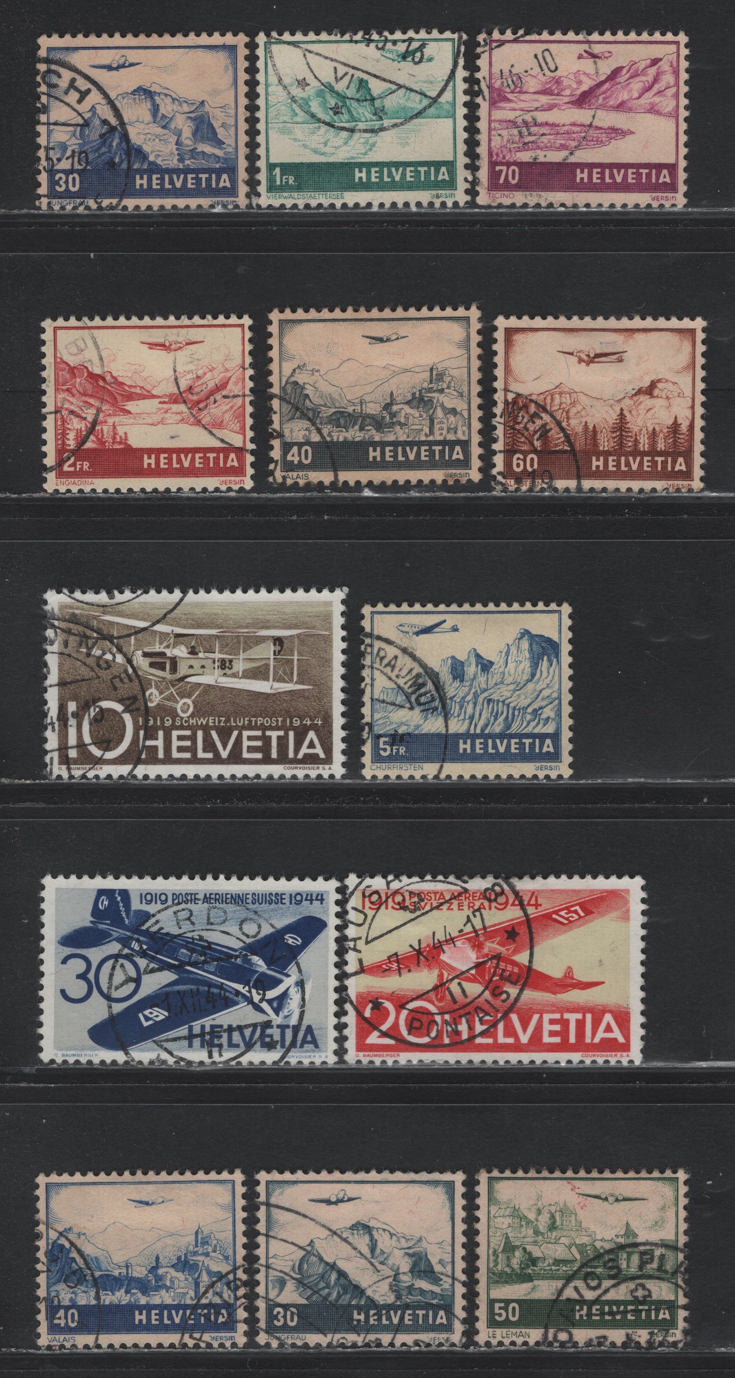 Lot 132 Switzerland Scott#C27-C34, C37-C39, C43-C44 30c - 40c Ultramarine - Deep Ultramarine , 1941-1948 Airmail Pictorial - Revised Airmail Pictorial Issues, 13 Very Fine used Singles