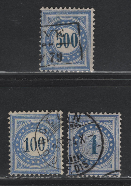Lot 133 Switzerland Scott#J1, J8, J9a 1c - 500c Blue , 1878 Postage Dues, 3 Very Good/Fine/Very Fine Used Singles, 10c & 1c Are Type 1, Frame Normal, 500c Is Type 1 Inverted Frame, But Has A Small Hinge Thin.