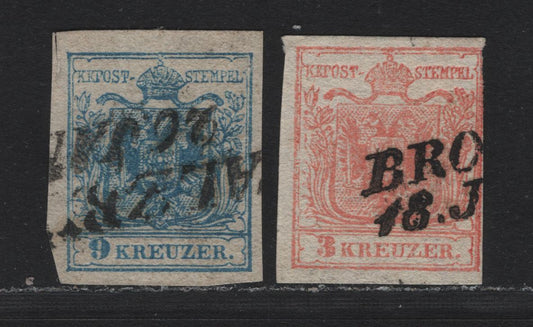 Lot 136 Austria (C) Scott#3, 5 3kr - 9kr Pale Red - Blue , 1850 Arms Issue, 2 Very Good/Very Fine Used Singles, Handmade Paper, Type 2