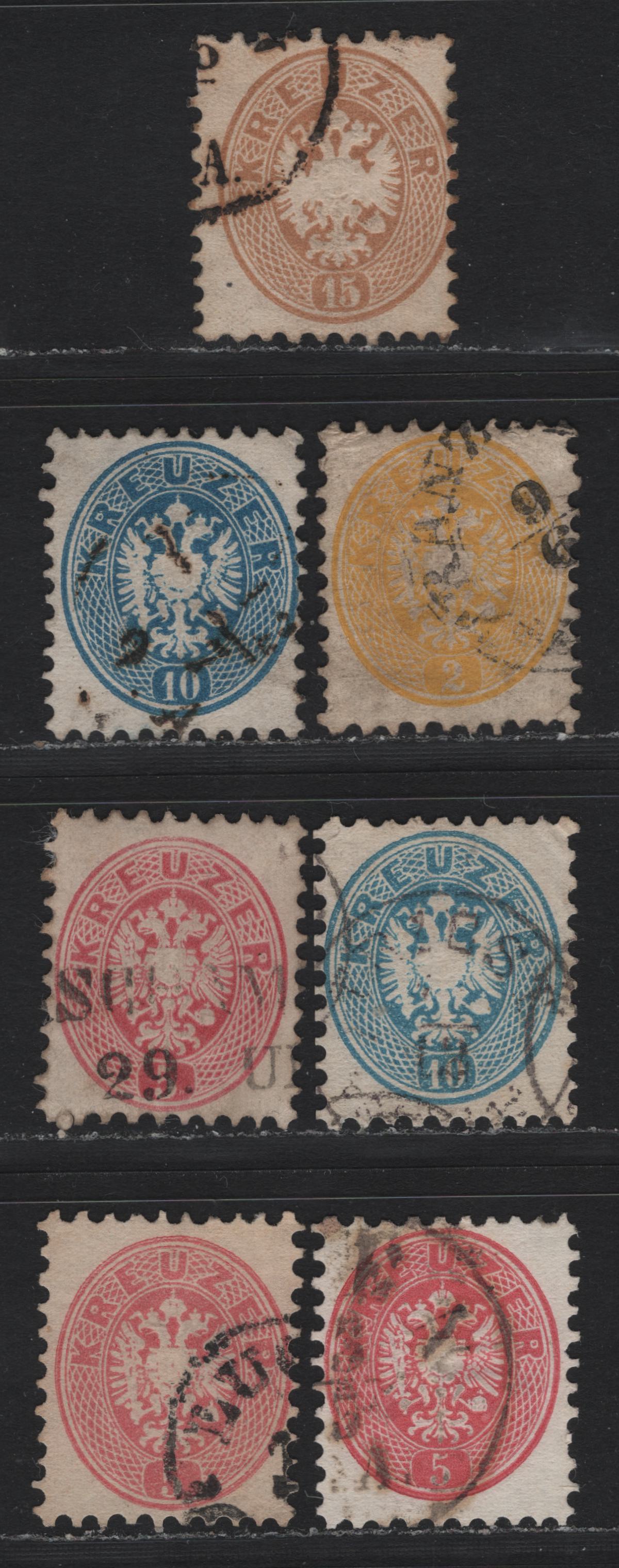 Lot 139 Austria (C) Scott#22, 24,b, 25,b, 26 2kr - 15kr Yellow - Yellow Brown , 1863-1864 Embossed Eagle Issue, 6 Very Good/Fine/Very Fine Used Singles, Perf 9.5