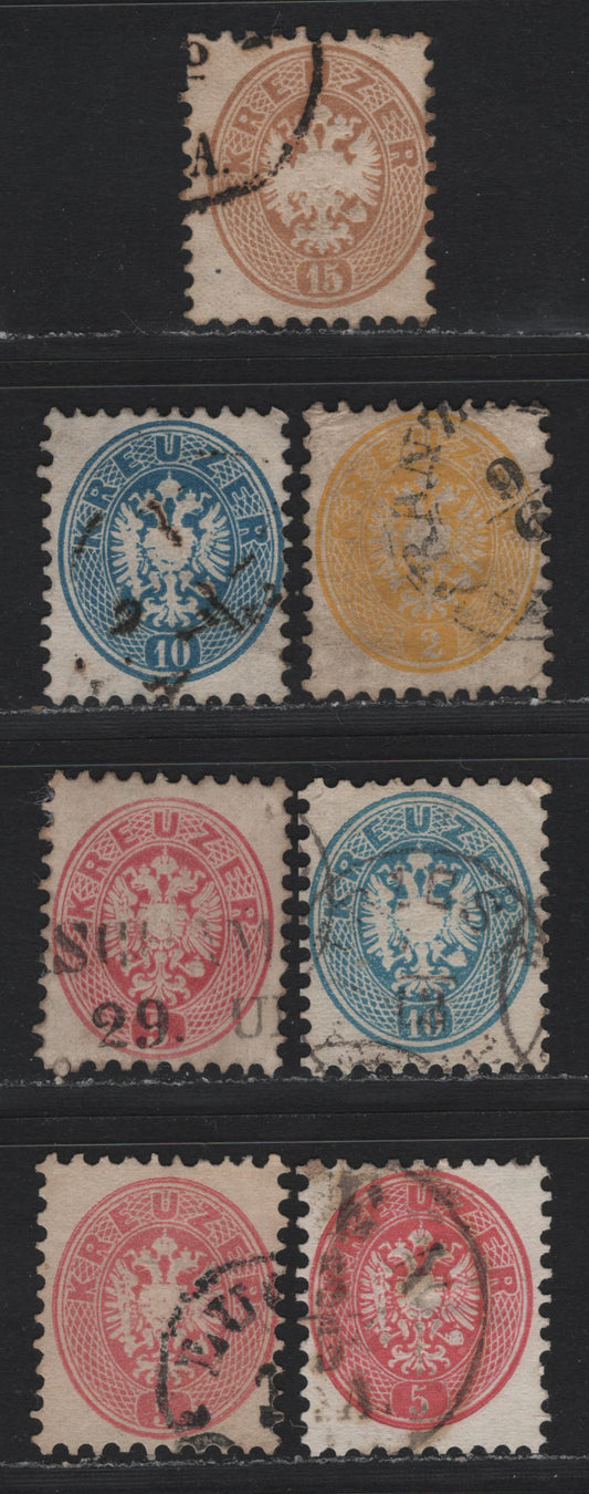 Lot 139 Austria (C) Scott#22, 24,b, 25,b, 26 2kr - 15kr Yellow - Yellow Brown , 1863-1864 Embossed Eagle Issue, 6 Very Good/Fine/Very Fine Used Singles, Perf 9.5