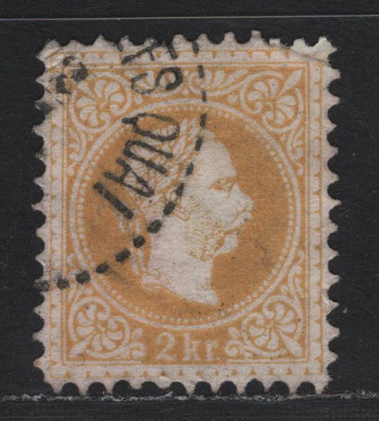 Lot 144 Austria Scott#34b 2kr Yellow , 1874-1880 Franz Josef Issue, A Very Good Used Single, Perf 10.5, Clearly Identifiable Franz Joesphs Quai Vienna Branch Cancel, Repaired UL Corner, Some Wrinkles.