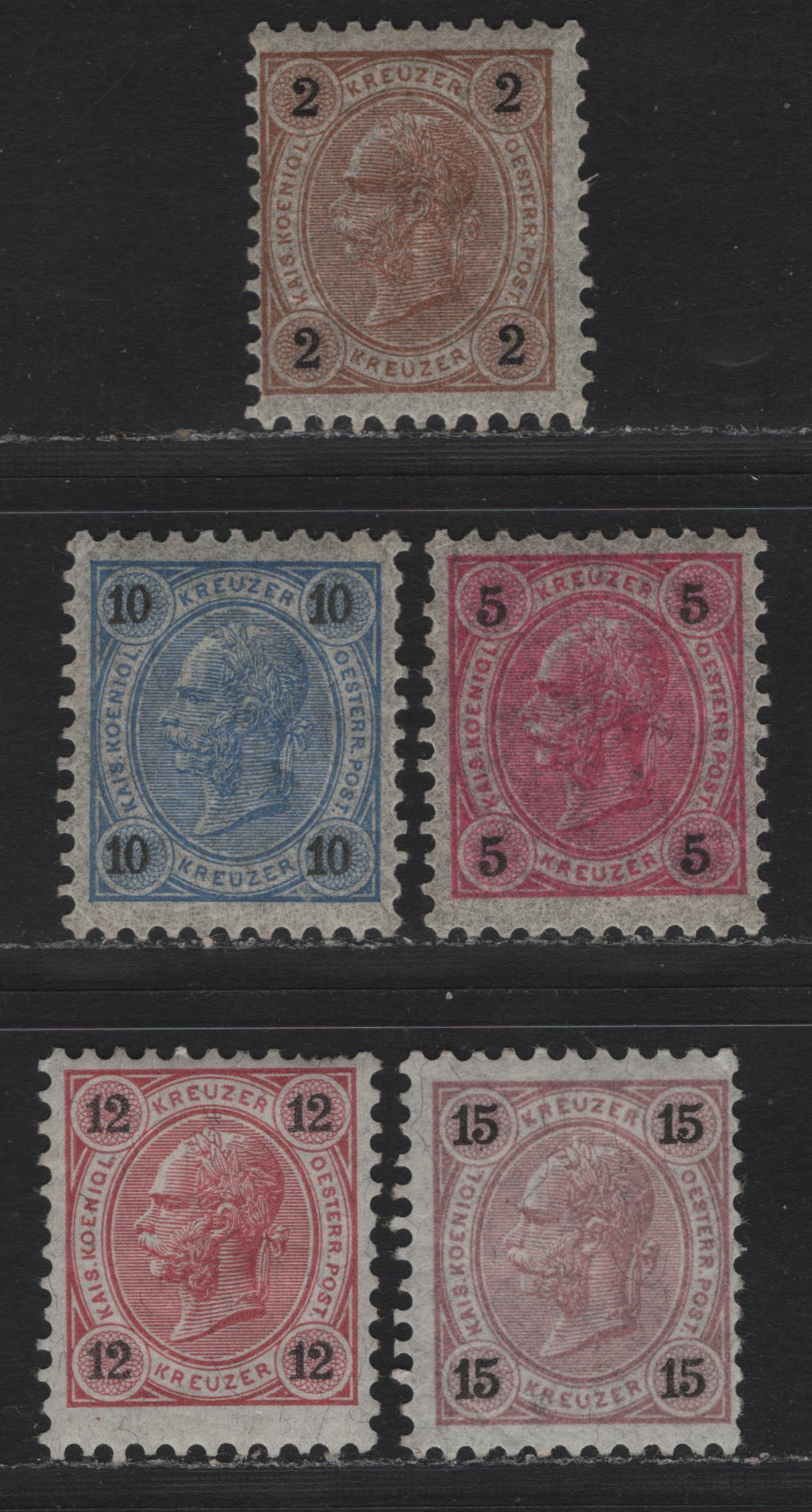 Lot 151 Austria Scott#52, 54-57 2kr - 15kr Brown & Black , 1890-1896 Franz Josef Sidefaces Issue, 5 VG/F/VFNH Singles, Kreuzer Currency